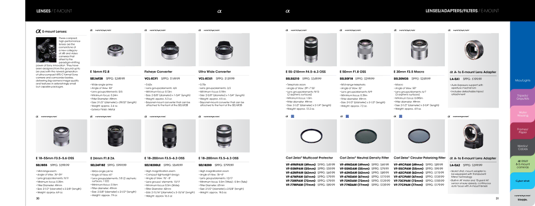 Sony FDAEP8AM manual Lenses / E-Mount, LENSES/ADAPTERS/Filters / E-Mount 